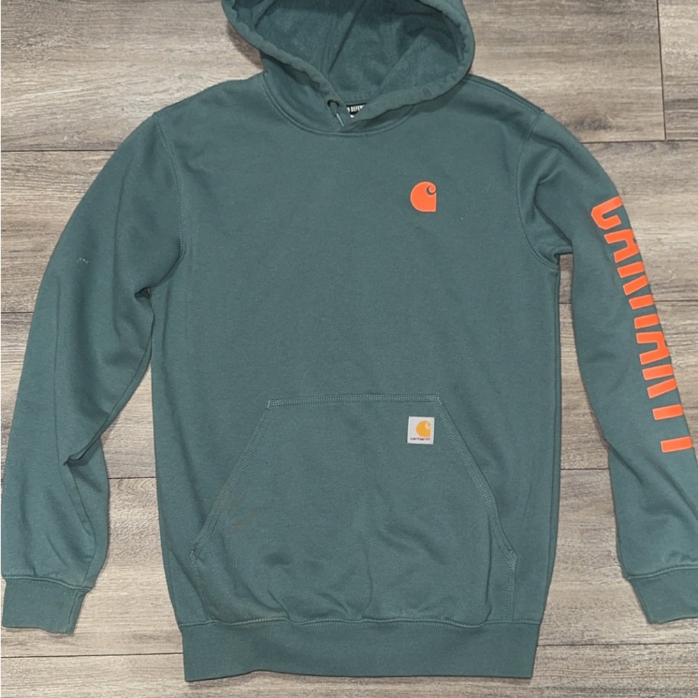 Carhartt Men's Teal Hoodie with Orange Accents